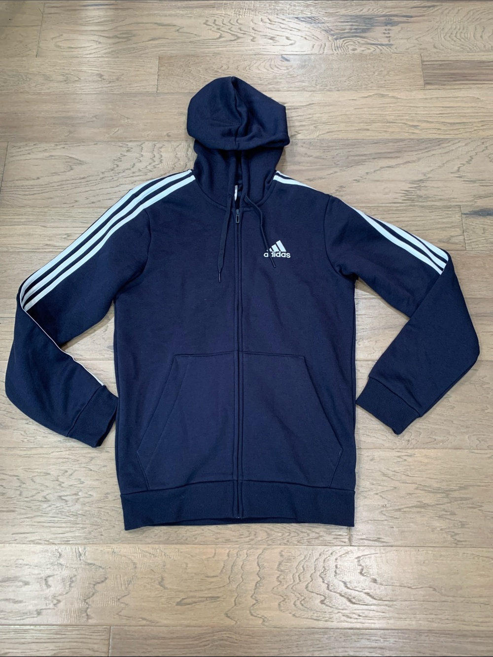 adidas Navy Zip-Up Hoodie with White Three Stripes Size Small